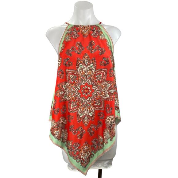 Zara Women's Red Multicolor Sleeveless Asymmetrical Bandana Scarf Tank Top Sz M - Picture 1 of 5